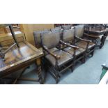 A set of six Ipswich oak and brown leather dining chairs