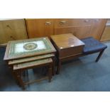 A Danish teak and tiled top nest of tables and a teak telephone seat