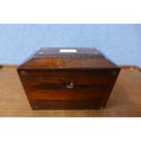 A George IV rosewood sarcophagus shaped tea caddy, 14cms h x 20cms w