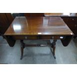 A set of three oak dining chairs and a mahogany drop-leaf sofa table