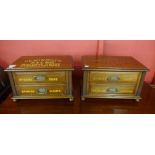 A pair of Victorian walnut counter top haberdashery shop chests, bearing Dewhurst Sylko inscription,