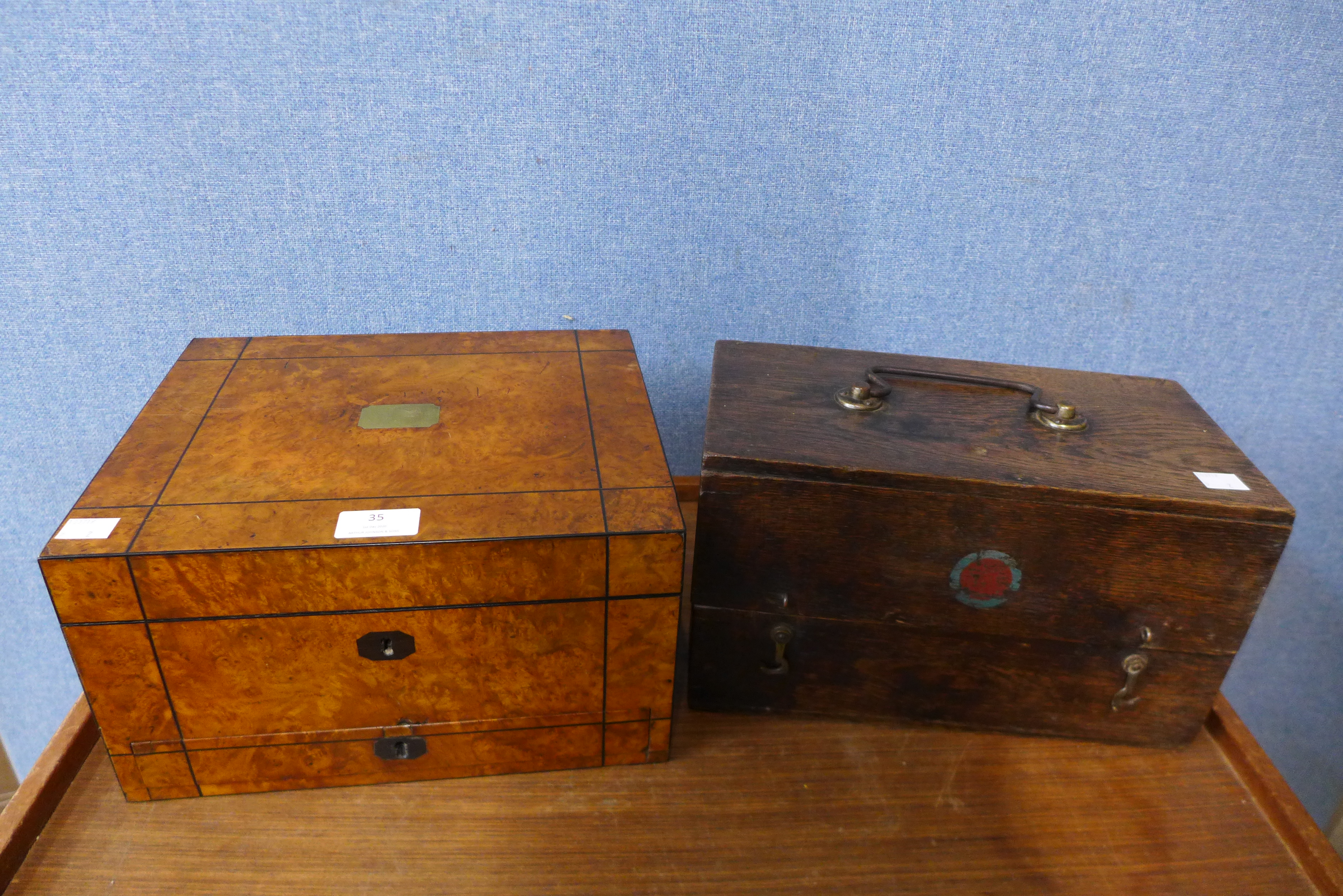 A Victorian burr walnut jewellery box 16.5cms h x 29.5cms w and an oak radio box