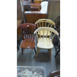 A Victorian elm kitchen chair and a pair of beech chairs