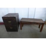An oak two drawer filing cabinet and a small French table