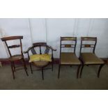 A pair of Regency mahogany and brass inlaid chairs, a Victorian beech child's correction chair and