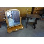 A Victorian walnut toilet mirror and a small oak stool