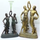 Two figure groups of Grecian style ladies, one with epergne or posy holder, tallest 59cm