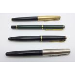 Four Parker fountain pens including 65 and Junior with 14ct gold nibs