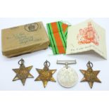 Three WWII Star medals, named to 43258, J.R. Malan and an unnamed Defence Medal, the box stamped Nov