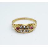 A Victorian 15ct gold, ruby and pearl ring, Chester 1893, 1.3g, Q