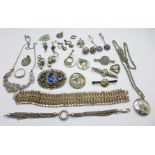 A collection of jewellery, including six pairs of earrings, two bracelets, seven brooches, two