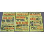 Three wrestling event posters, two Kirkby and one Sutton-in-Ashfield, 1970's featuring Honey Boy