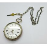 A silver cased pocket watch and chain