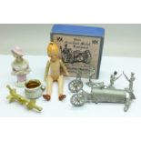 A box of Hinchliffe Models wargames metal figures, a miniature German doll, a half doll, metal
