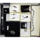 A collection of silver jewellery including rings, earrings and necklaces, all boxed