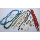 A collection of jewellery including a white metal collar, no fastener, malachite beads, a charm