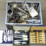 A plated epergne, brass easel, brass double photograph frame, chrome flask, etc. **PLEASE NOTE