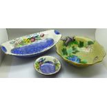 A Chinese cloisonne bowl, 21cm, a Maling bowl and Maling pin dish