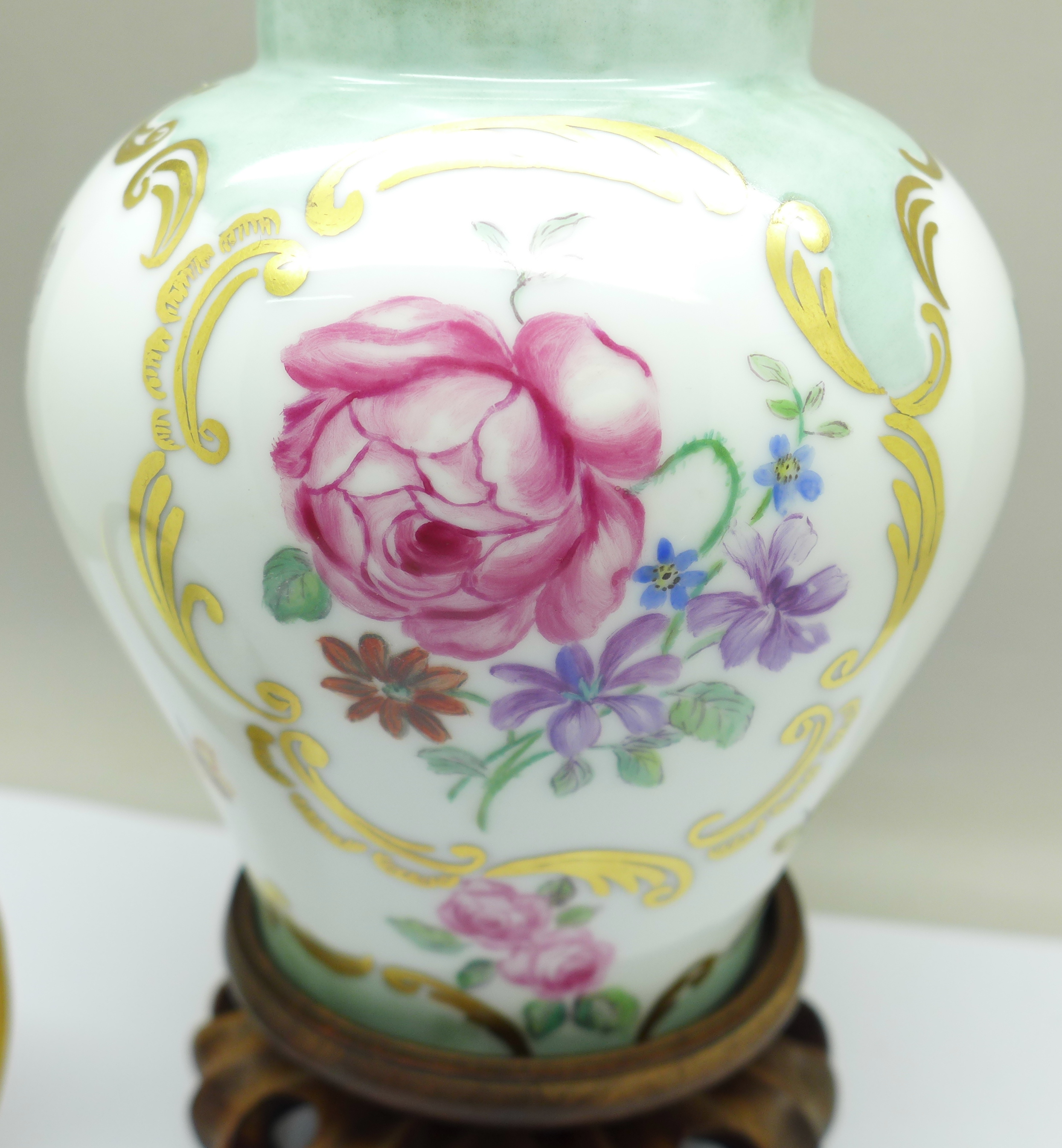 A Rosenthal pot and cover decorated with flowers and butterflies on carved wooden stand, signed, - Image 4 of 5