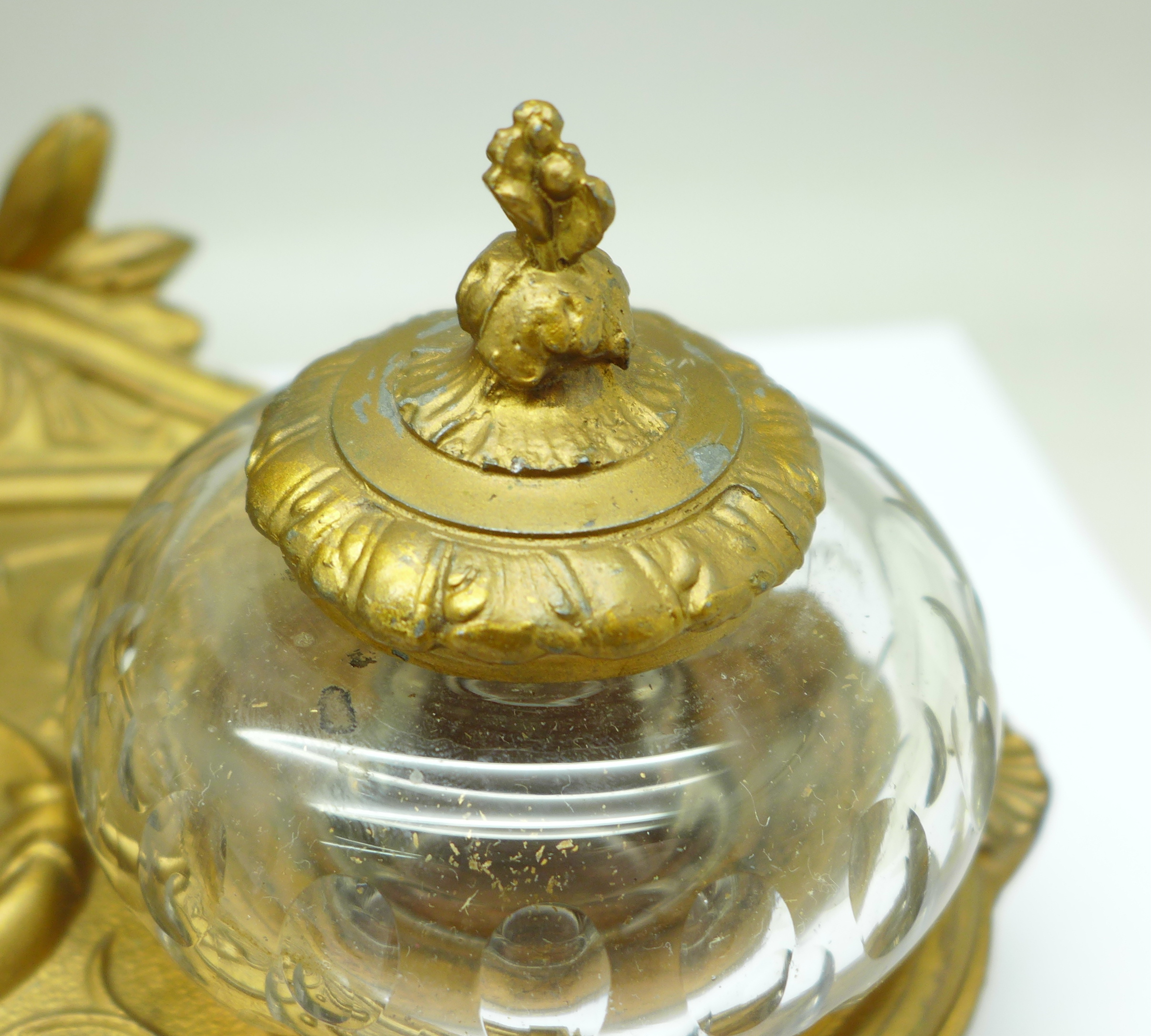 A c.1900 metal inkstand with two glass inkwells, one top a/f, mounted with a bust marked Cornelle - Image 5 of 5