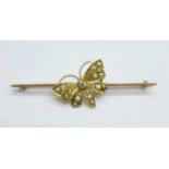 A yellow metal, pearl and diamond butterfly brooch, 4.3g, bar 6cm
