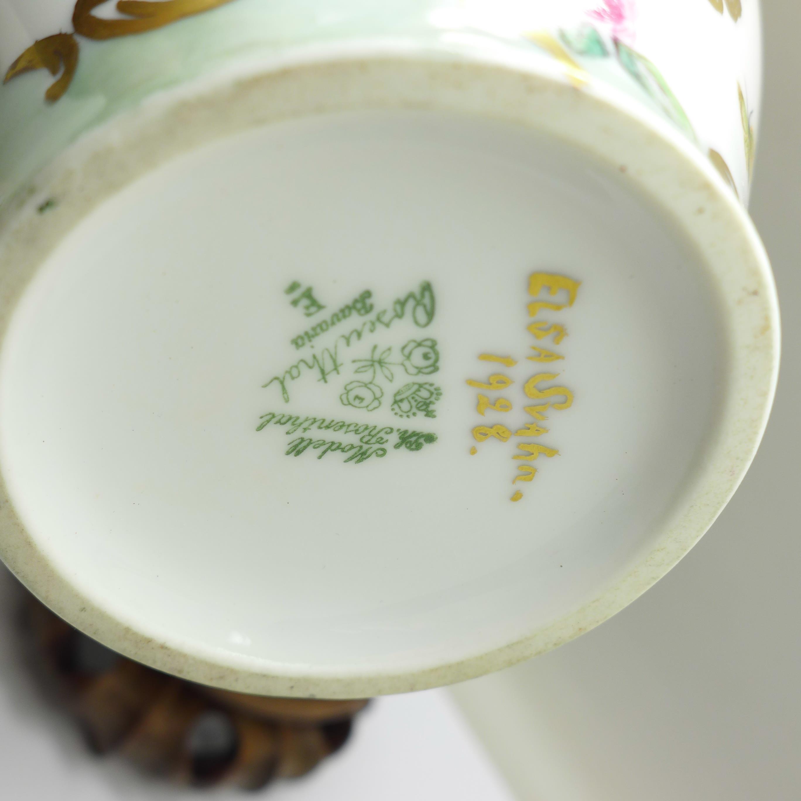 A Rosenthal pot and cover decorated with flowers and butterflies on carved wooden stand, signed, - Image 5 of 5