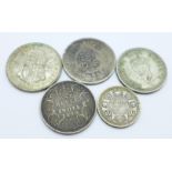 A George III 1816 half crown, a Victorian 1890 one rupee, a George VI one rupee and two other coins