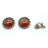 A pair of silver and amber earrings and a small brooch
