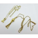 A 9ct gold tassel pendant on a chain and a yellow metal pendant on a 9ct gold chain, (tassel pendant