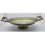 A white metal two handled dish with pierced border and etched decoration, marked 800M, 480g, width