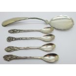 A Dutch silver spoon, 31g and four plated Dutch Arts and Crafts spoons