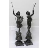 A pair of spelter figures, farm girl and boy, 39.5cm