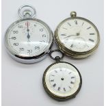 A silver pocket watch, an 800 silver fob watch, both a/f, and a stop-watch