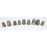 Five silver thimbles including Victorian and five other thimbles, some a/f, (10)