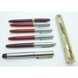 Six fountain pens including three Platignum and one Sheaffer with 14ct gold nibs, and an Eversharp