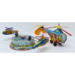A tin-plate clockwork helicopter toy, made in Western Germany, and one other tin-plate clockwork toy