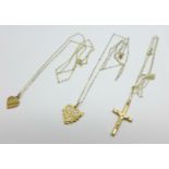 Three 9ct gold pendants on fine chains, total weight 2.5g