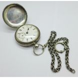 A silver cased hunter pocket watch, Clarke, London, with chain, hinges a/f