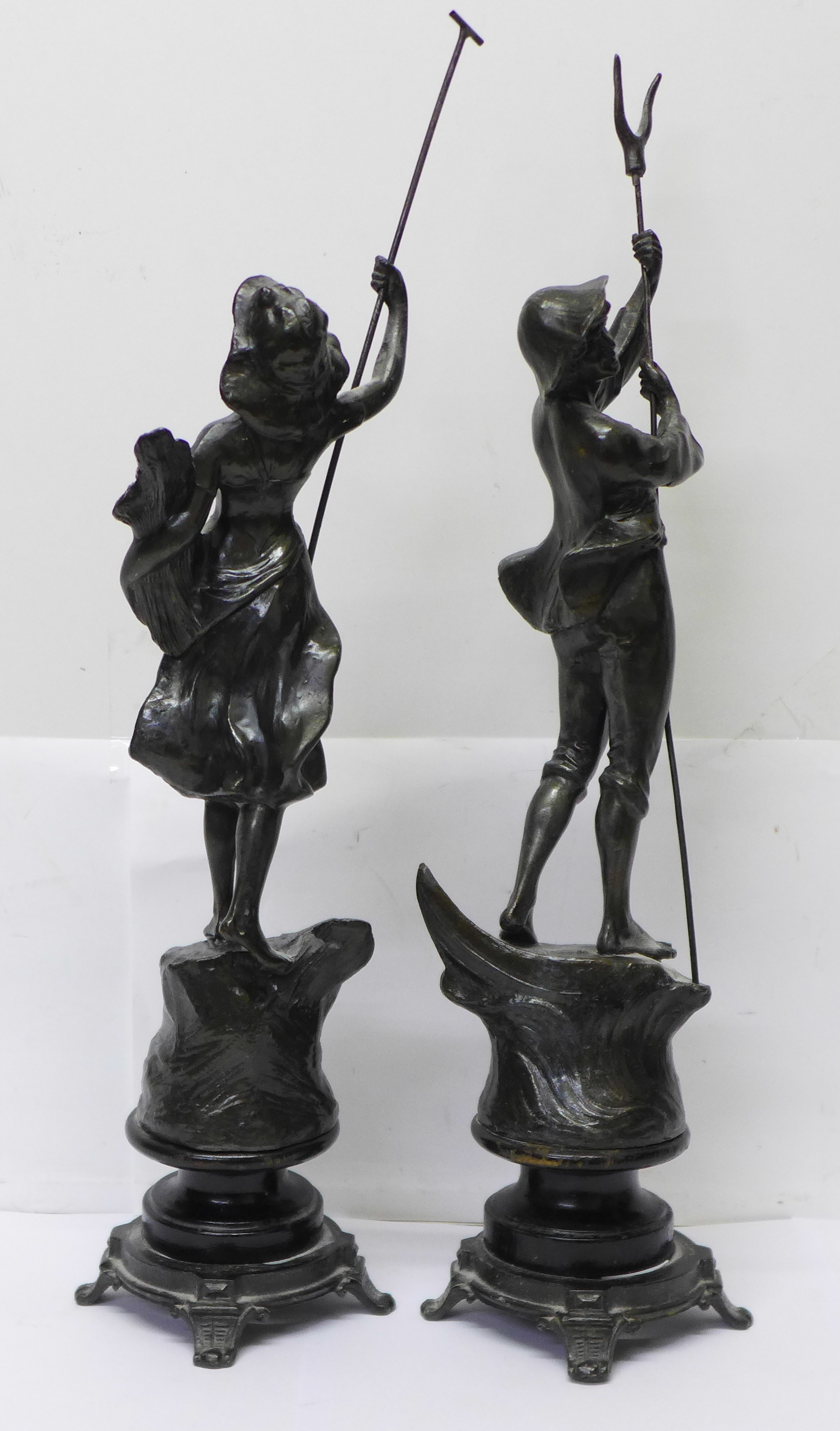 A pair of spelter figures, farm girl and boy, 39.5cm - Image 3 of 3