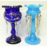 Two glass lustres, one cobalt blue with enamel and gilt decoration