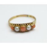 A Victorian yellow metal, coral and pearl five stone ring with partial hallmark for Chester, 1.5g,