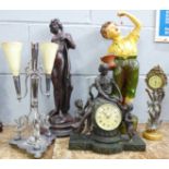 A plated epergne, a/f, two figural clocks and two figures, painted chalk figure a/f