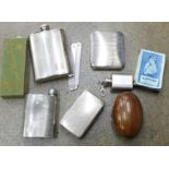 Three hip flasks, cigarette case, steel rulers, etc.