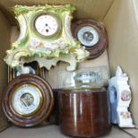 A box of clocks and barometers including two ceramic cased clocks