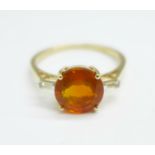 A 9ct gold, orange American fire opal and white zircon ring, with certificate, 2.5g, U