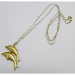 A 9ct gold dolphin pendant and chain, 1.9g