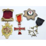 A hallmarked silver and white enamel Knights of Malta medal, a hallmarked silver and red enamel