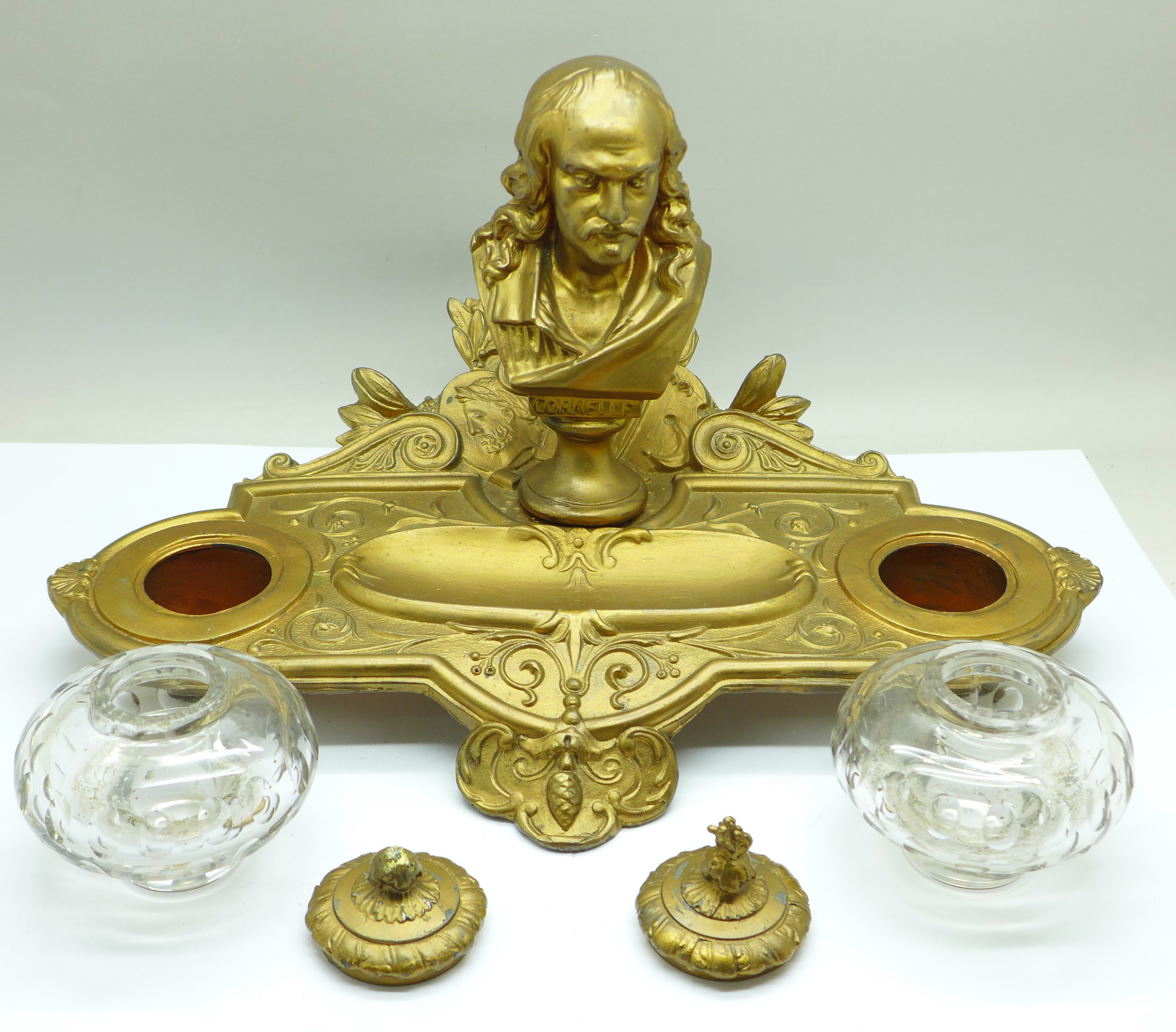A c.1900 metal inkstand with two glass inkwells, one top a/f, mounted with a bust marked Cornelle - Image 2 of 5