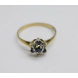 A 9ct gold, sapphire and diamond cluster ring, 1.2g, P