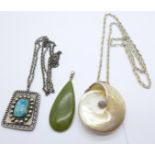 Two silver mounted pendants, a silver chain and a white metal scarab beetle pendant and chain